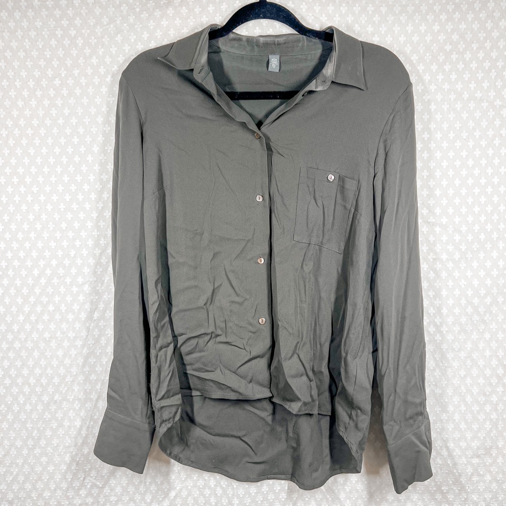 Eleventy Dark Grey Silk Button Down Long Sleeve Top